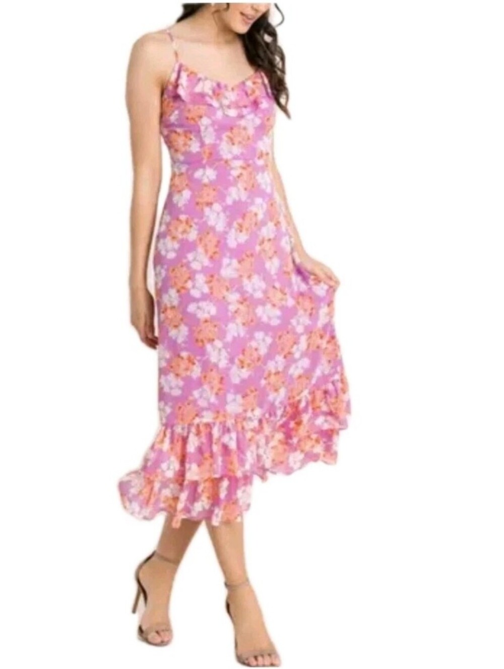 All In Favor Pink Floral Multicolored Ruffle Sleeveless MidiDress Size: Large